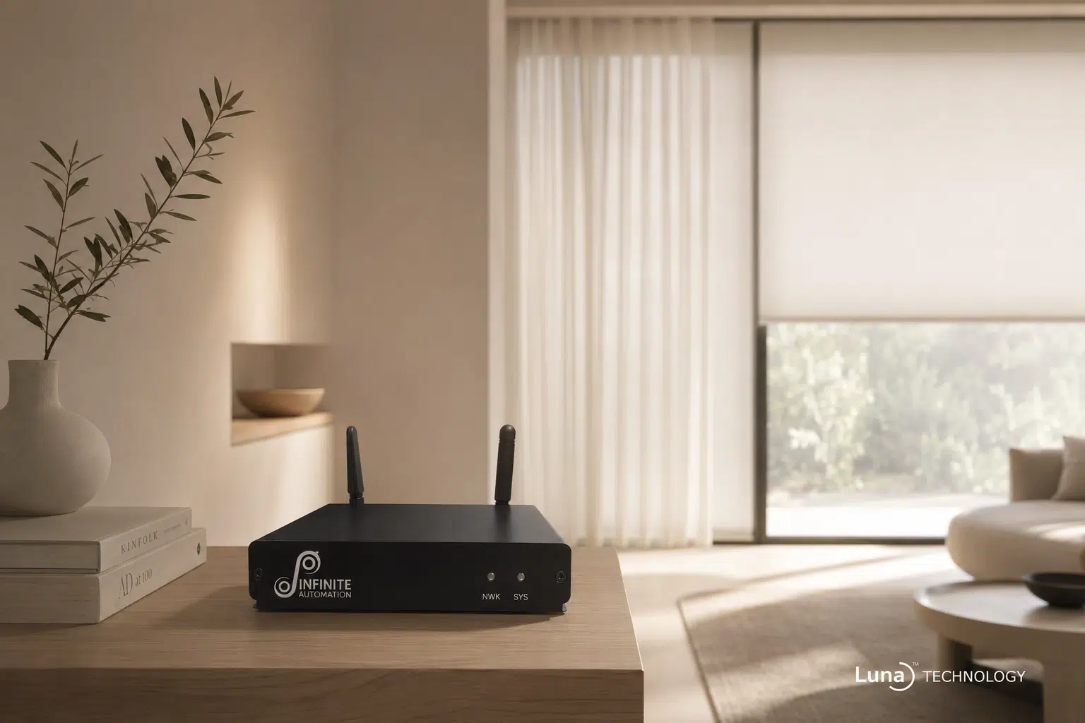 Infinite Hub in a living room with automated window coverings