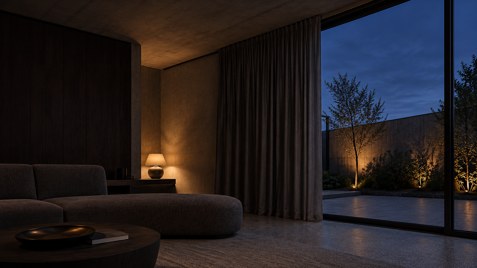 Dark architectural living room with charcoal curtains and warm ambient lighting