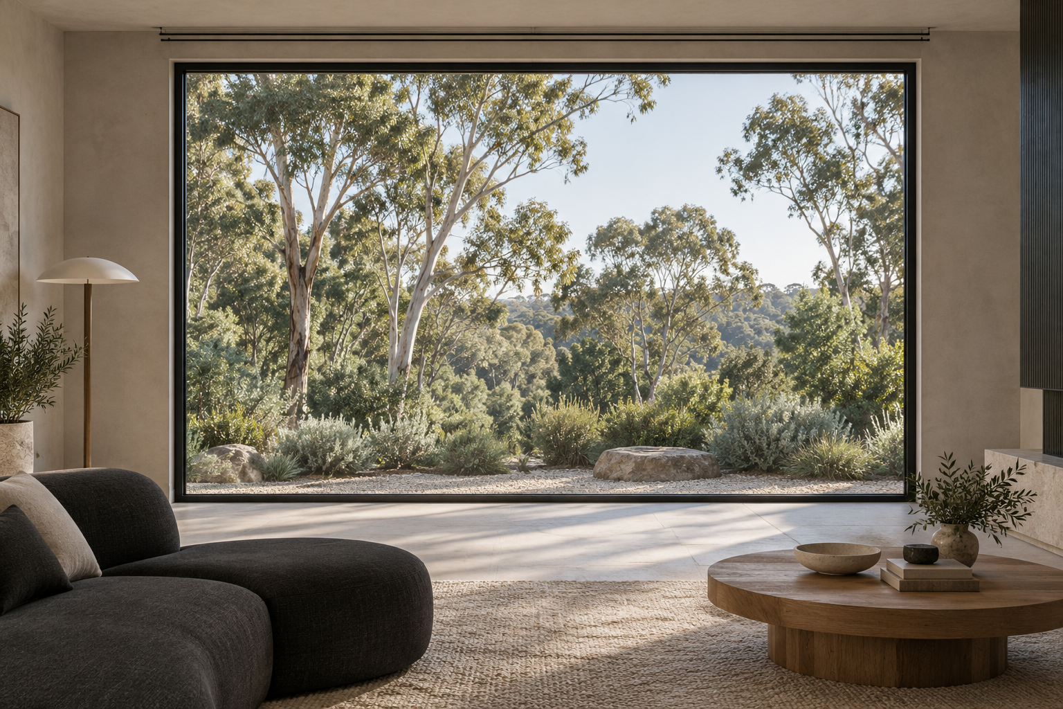 Living room with sheer curtain and blockout curtain