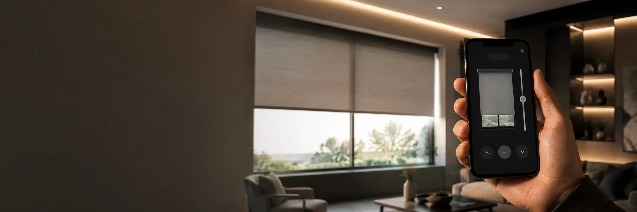 A smartphone controlling motorised blinds in a living room